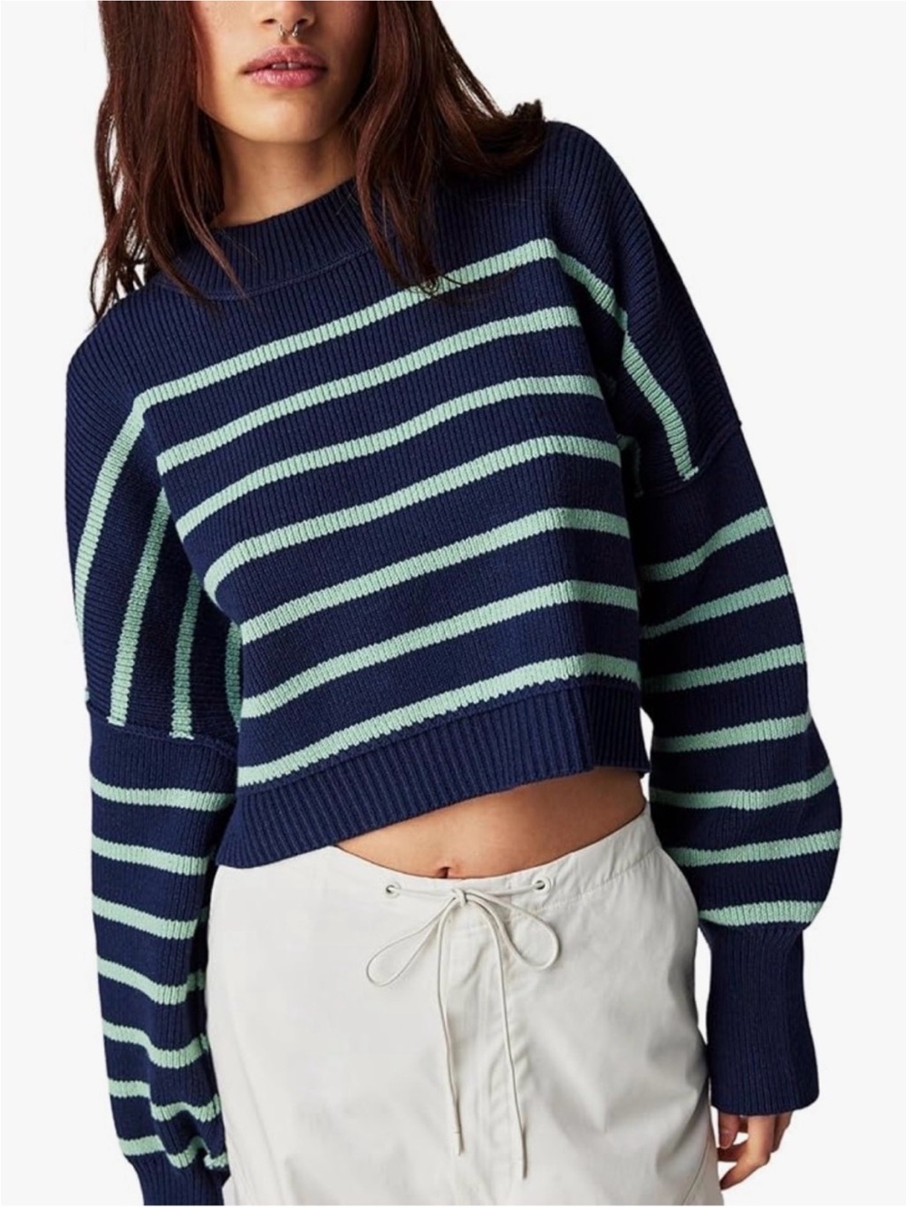 Free People Stripe Easy Street Crop Pullover Sweater Blue Green Slouchy Rib Knit